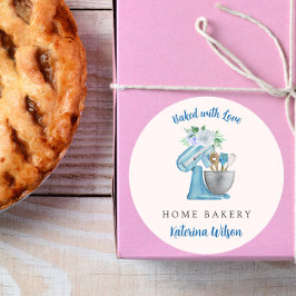 Gebakken met Liefde Blauwe Bloemen Mixer Ronde Sticker