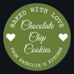 Gebakken met liefde Choco koekjes groen en wit Ronde Sticker<br><div class="desc">Moderne kleurrijke gebakken met liefde stickers voor uw huis gebakken chocolade chip koekjes geschenken.</div>