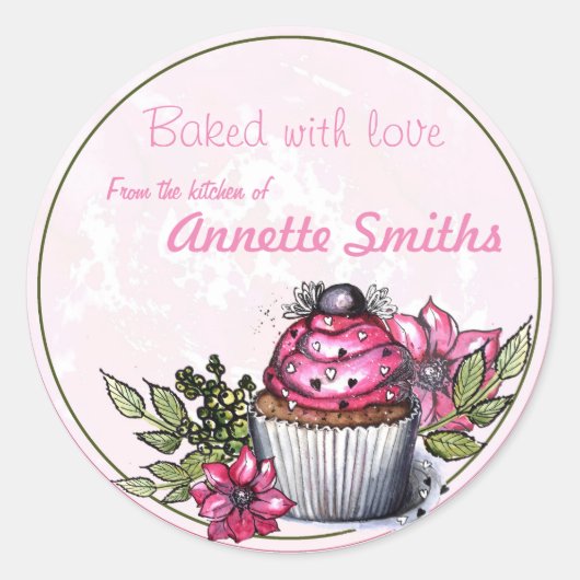 Gebakken met liefde / cupcake / gepersonaliseerd ronde sticker (Voorkant)