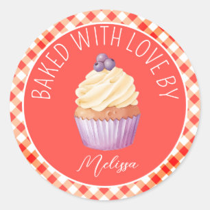 Gebakken met liefde Cupcakes Red Plaid gepersonali Ronde Sticker