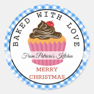 Gebakken met liefde Kerstmis Cupcakes Blauw Gingha Ronde Sticker
