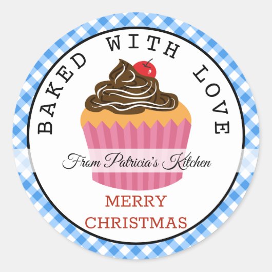 Gebakken met liefde Kerstmis Cupcakes Blauw Gingha Ronde Sticker (Voorkant)