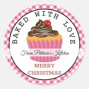 Gebakken met liefde Kerstmis Cupcakes Pink Gingham Ronde Sticker