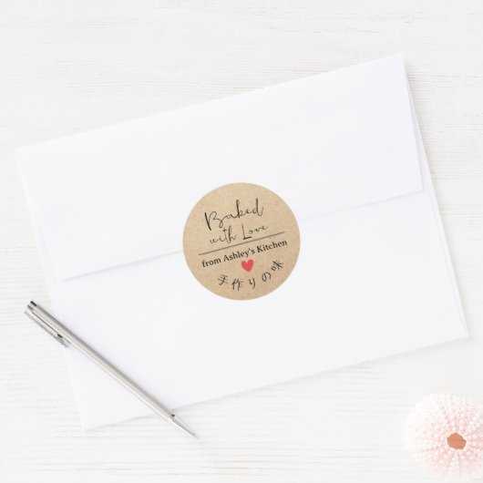 Gebakken met liefde Kraft papier rustieke hand get Ronde Sticker (Envelop)