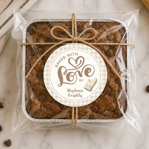 Gebakken Met Liefde Neutrale Gingham Persoonlijk Ronde Sticker