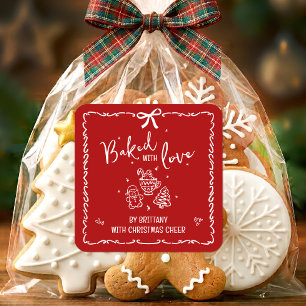 Gebakken Met Liefde Rode Kerst Hand Getekende Dood Vierkante Sticker