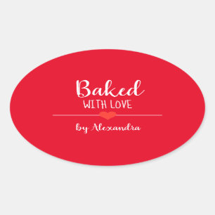 Gebakken met liefde rode naam ovale sticker