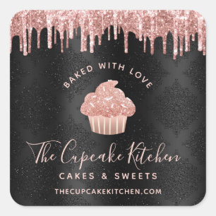 Gebakken met liefde Rose Gold Cupcake Glitter Zwar Vierkante Sticker