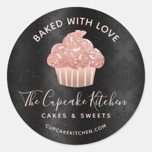 Gebakken met liefde Rose Goud Glitter Cupcake Zwar Ronde Sticker
