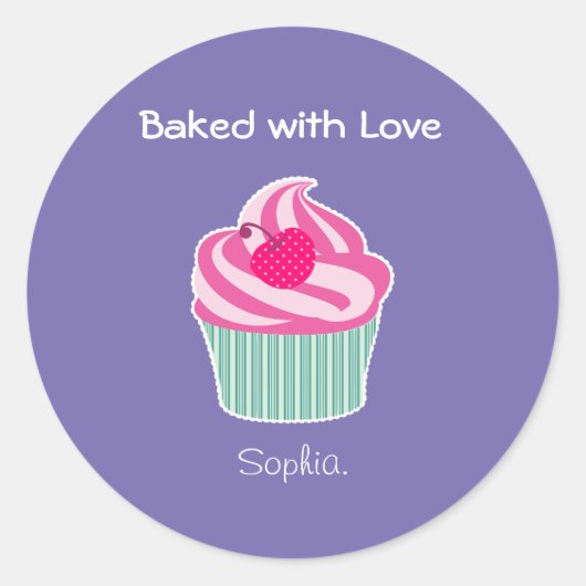 Gebakken met liefde. Roze Cupcake en Polka Dot Che Ronde Sticker (Voorkant)