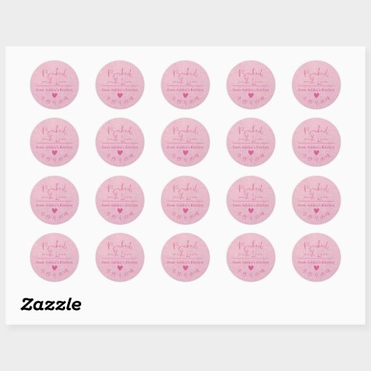 Gebakken met liefde Roze Kraft Hart Rustieke Hand Ronde Sticker (Vel)