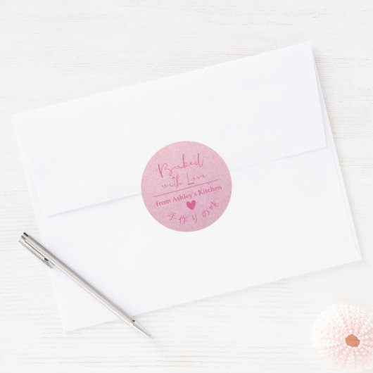 Gebakken met liefde Roze Kraft Hart Rustieke Hand Ronde Sticker (Envelop)