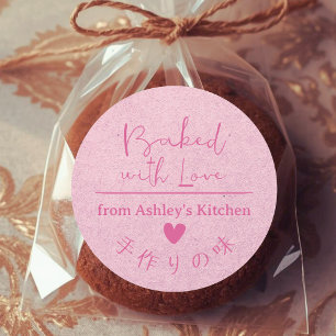 Gebakken met Liefde Roze Kraft Landelijk Schrift Ronde Sticker