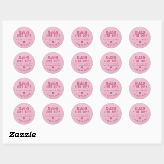 Gebakken met Liefde Roze Kraft Papier  Hart Ronde Sticker (Vel)