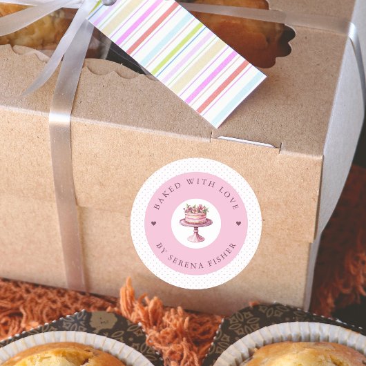 Gebakken met liefde Roze Polka Dot Business Sticke Ronde Sticker