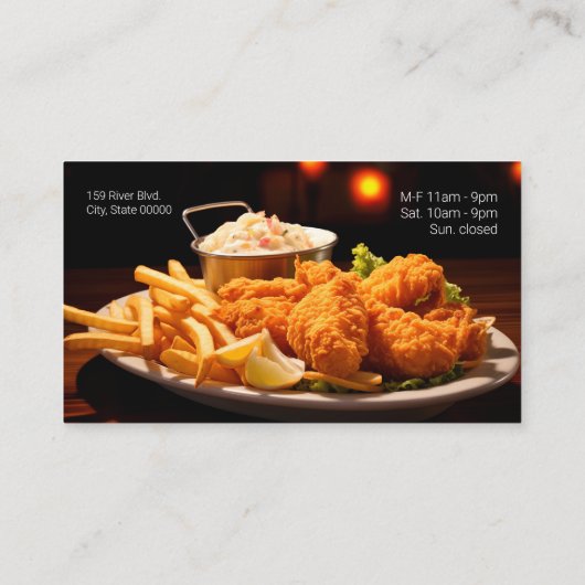 Gebakken vis diner met friet en chowder visitekaartje (Achterkant)