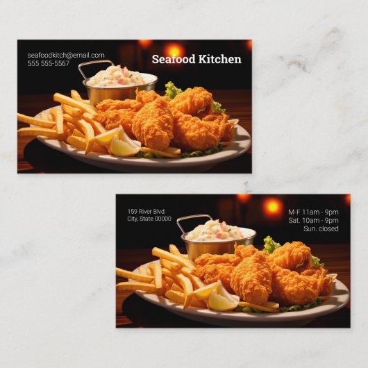 Gebakken vis diner met friet en chowder visitekaartje (Voorkant / Achterkant)