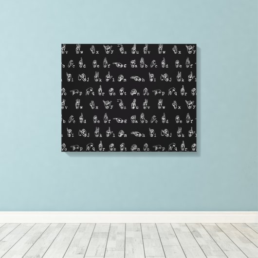 Gebarentaal Alfabet // Wit op Zwart // Canvas Afdruk (Insitu (Houten vloer))