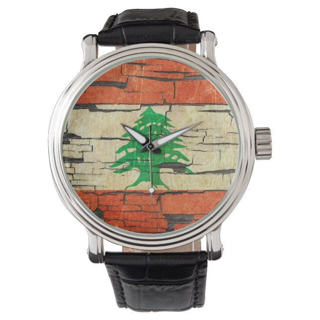 Gebarsten Libanese vlag peeling verf effect Horloge (Voorkant)