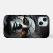 Gebarsten Porseleinen Masker Donker iPhone 15 Stev Case (Achterkant horizontaal)