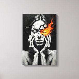 Gebarsten vrouw met vurig oog van innerlijke vlam canvas afdruk