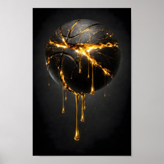 Gebarsten zwart basketbal met druipende vloeibare poster