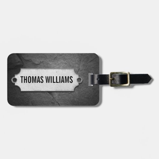 gebarsten zwarte steenstructuur met metalen label bagagelabel (Voorkant horizontaal)