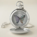 gebatterde vlinderdwaliteit zakhorloge<br><div class="desc">patroonvlinder met citaat "Het geloof hebben is vleugels hebben"</div>