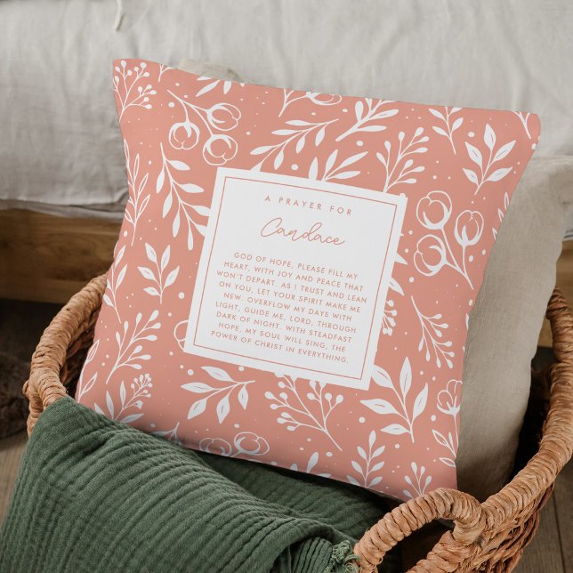 Gebed Bewaar Cadeau Geschrift Perzik Bloemen Kussen (Custom Christian pillow with your name & editable prayer poem design.)