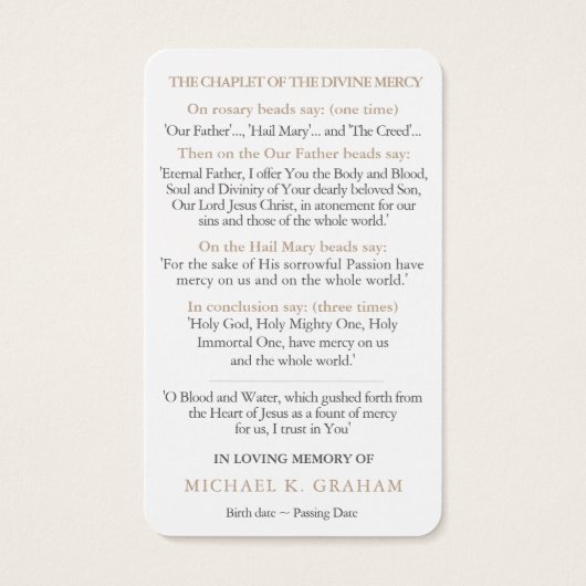 Gebed Kaart Begrafenis | Goddelijke genade Chaplet (Achterkant)