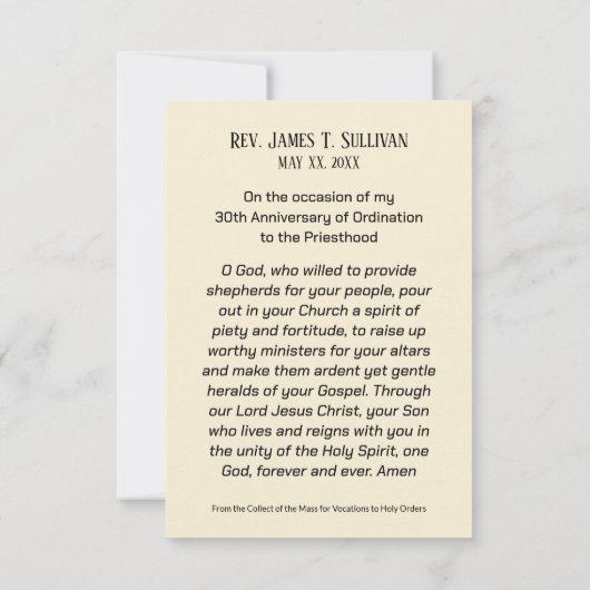 Gebed Kaart Naam 30e Ordinatie Jubileum Altaar (Achterkant)