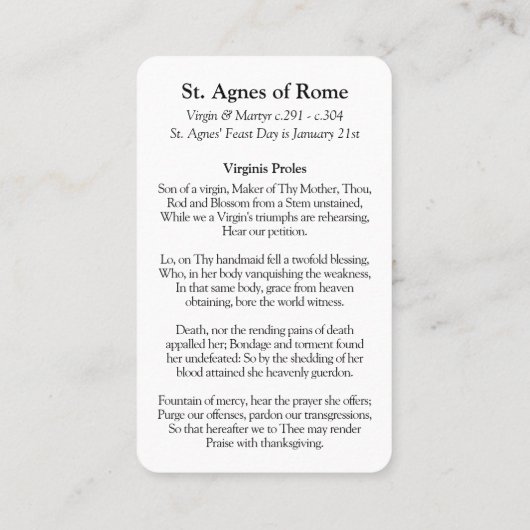 Gebed Kaarten | De heilige Agnes van Rome 2 Visitekaartje (Achterkant)