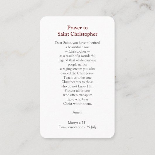 Gebed Kaarten | Gebed voor St Christopher Visitekaartje (Achterkant)