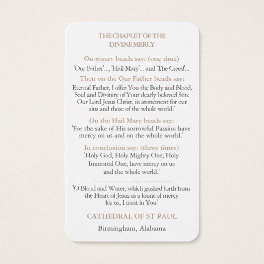 Gebed Kaarten | Goddelijke barmhartigheid Chaplet  Visitekaartje (Achterkant)
