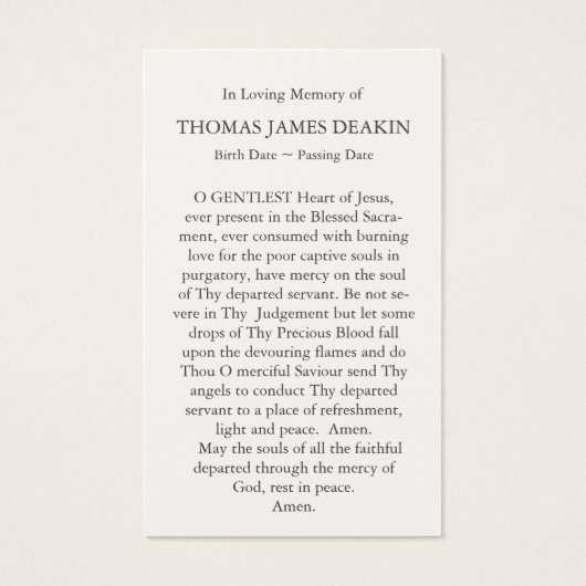 Gebed Kaarten | Heilig Hart van Jezus Visitekaartjes (Achterkant)