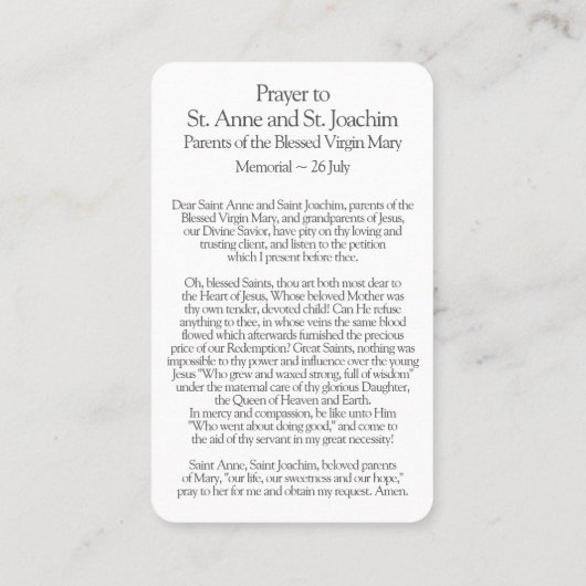 Gebed Kaarten | St Anne & St Joachim Visitekaartje (Achterkant)