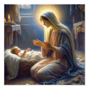 Gebed over baby Jesus Foto Afdruk