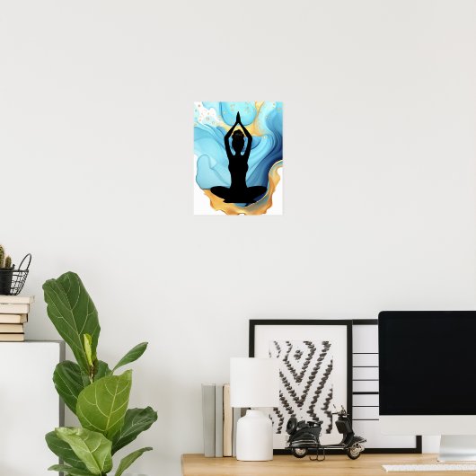 Gebed Pose Yoga vrouw Blauw Goud rommelig broodje  Poster (Thuiskantoor)