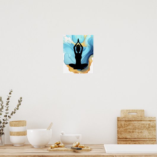 Gebed Pose Yoga vrouw Blauw Goud rommelig broodje  Poster (Keuken)