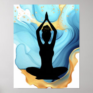 Gebed Pose Yoga vrouw Blauw Goud rommelig broodje  Poster