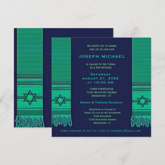 Gebed Shawl Blauw en Groen Bar Mitswa Kaart (Voorkant / Achterkant)