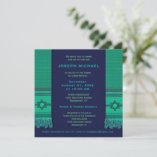 Gebed Shawl Blauw en Groen Bar Mitswa Kaart (Staand voorkant)