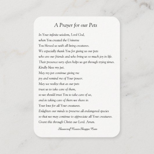 Gebed tot Sint Franciscus van Assisi voor Huisdier Visitekaartje (Achterkant)