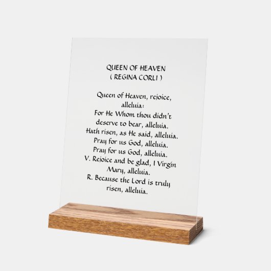 Gebed van de Koningin van de Hemel (Regina Coeli) Acryl Bord (Hoek)