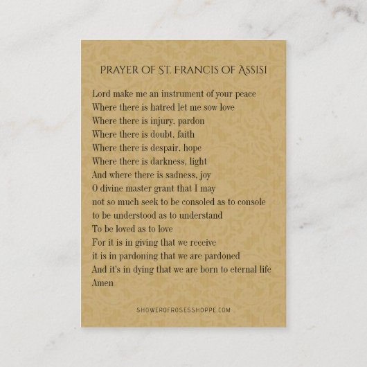 Gebed van Franciscus van Assisi Heilige Kaarten Visitekaartje (Achterkant)