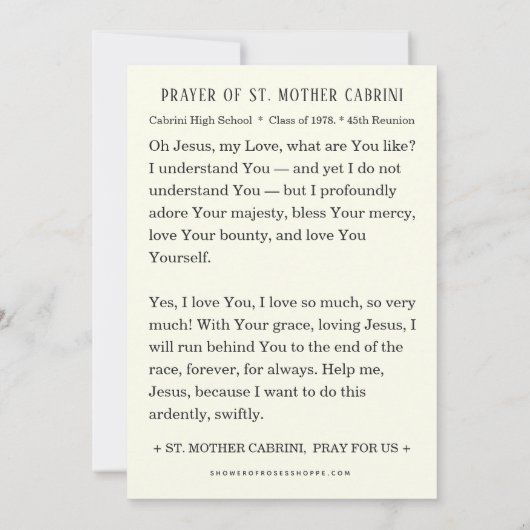 Gebed van St. Moeder Cabrini Kaart (Achterkant)
