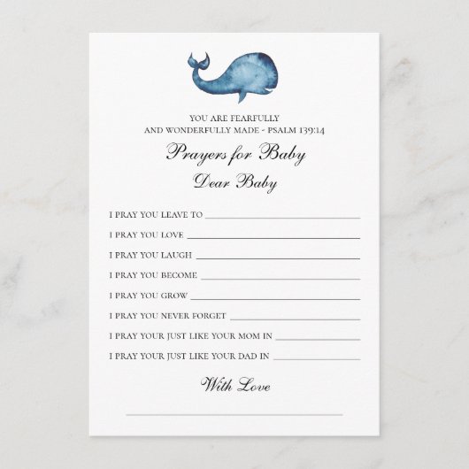 Gebed voor baby. Blauwe vinvis wenst. Dier. bidden Informatiekaartje (Voorkant)