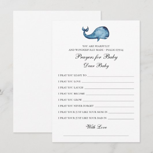 Gebed voor baby. Blauwe vinvis wenst. Dier. bidden Informatiekaartje (Voorkant / Achterkant)