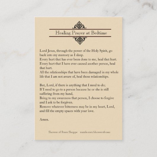 Gebed voor het helen van de slaaptijd heilige hart visitekaartje (Achterkant)