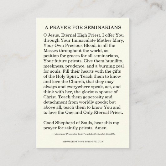 GEBED VOOR KATHOLIEKE SEMINARISTEN PLAATSKAARTJE (Achterkant)